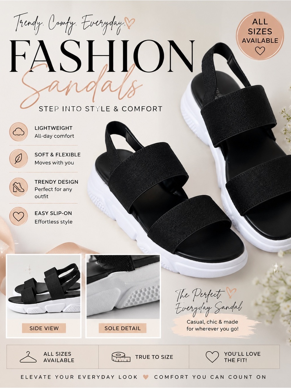Everyday Black Strap Sandals — Lightweight Slip-On Comfort